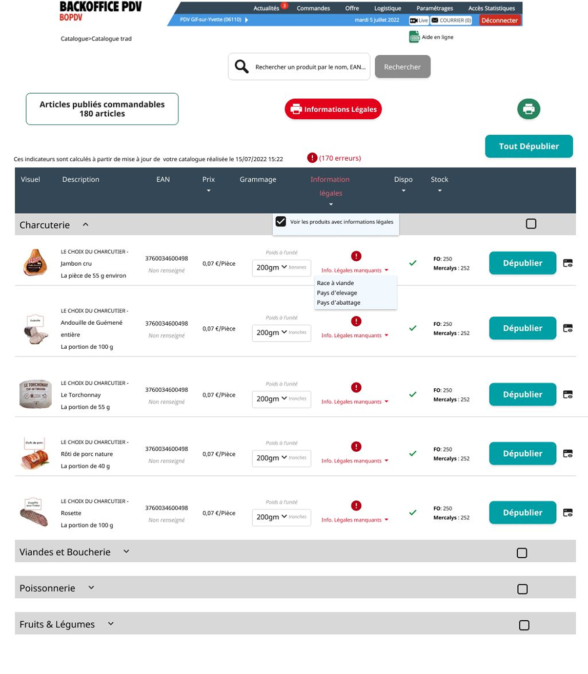 New nav bar , Information légale missing shown for each EAN , 200 gm as the standard unit 