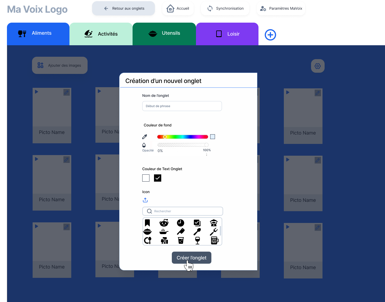 Interface configuration of the tab screen